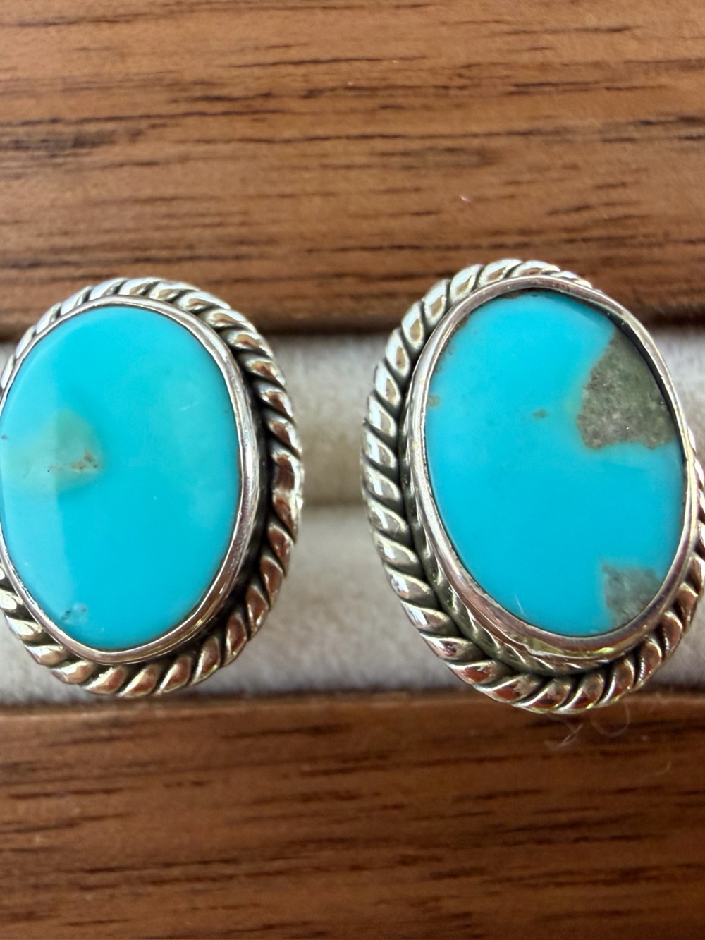 Sterling Silver Turquoise Oval Rope-Edge Earrings - Bright Turquoise